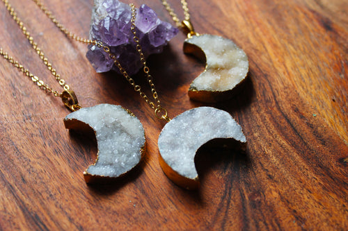 Druzy Crescent Moon 18K Gold Plated Necklace