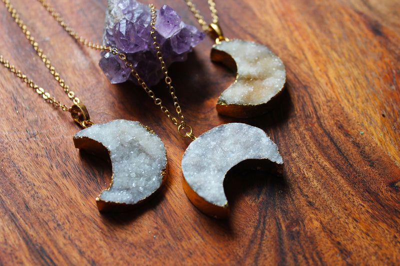 Druzy Crescent Moon 18K Gold Plated Necklace