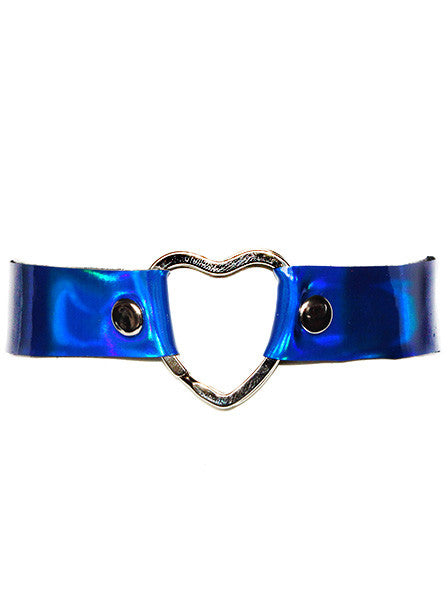 Holographic Hologram Royal Blue Leather Heart Choker - Feelin Peachy