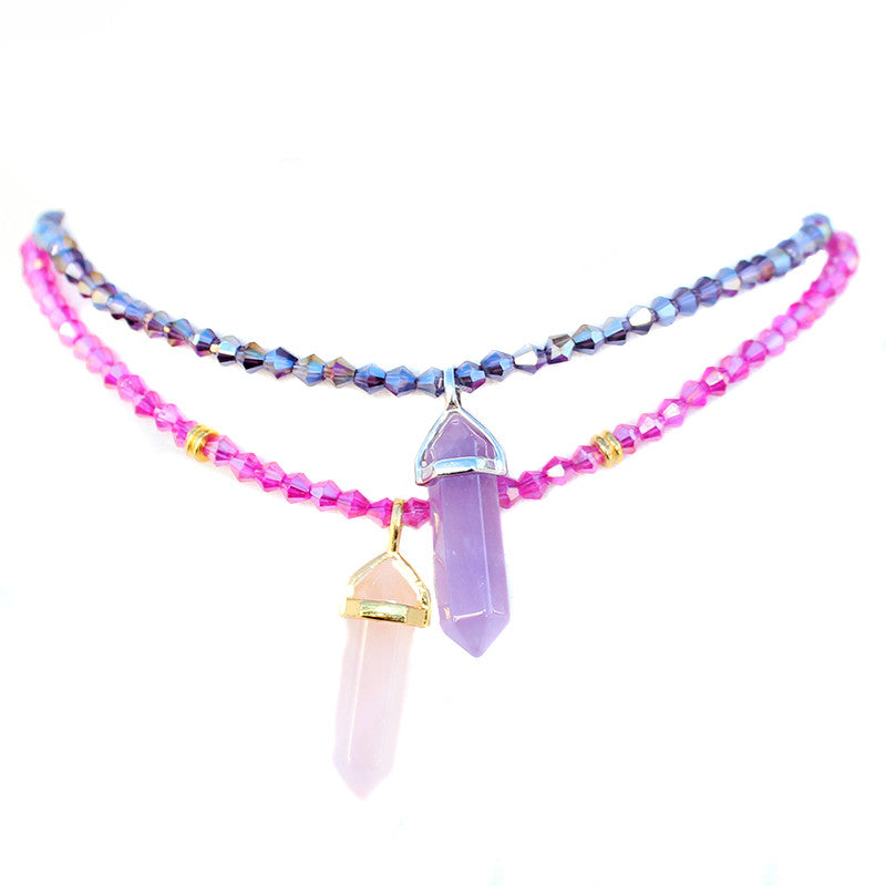 Rose Quartz + Amethyst Crystal Beaded Choker Necklace