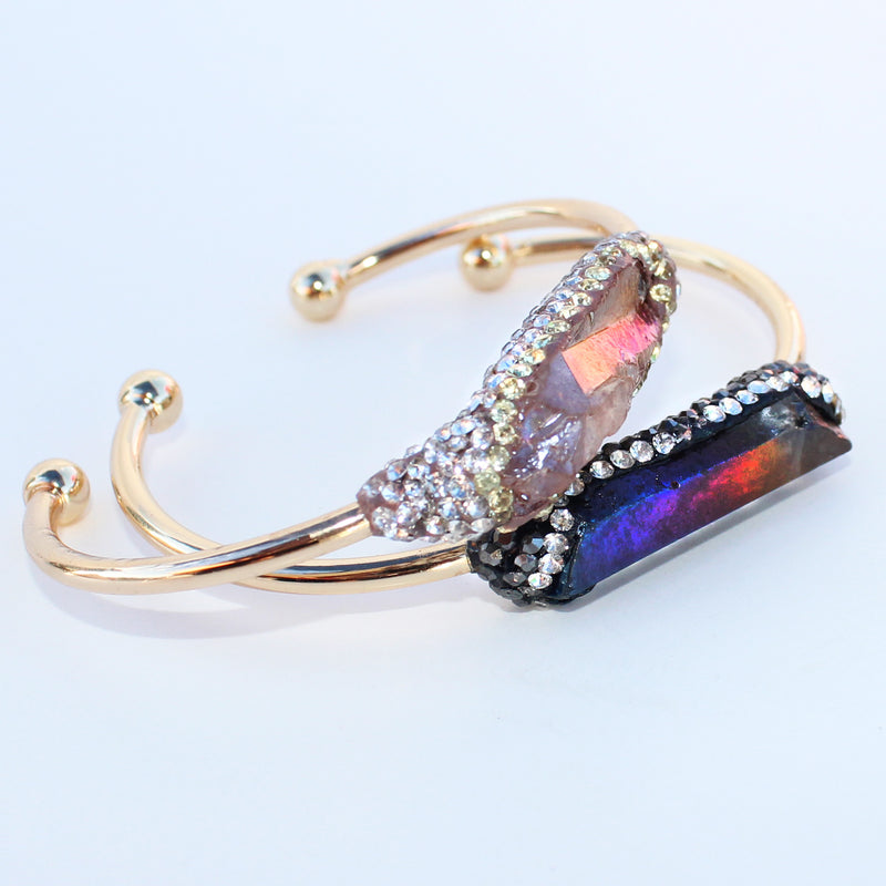 Raw Aura Quartz Pave swarovski Crystal Gold Bangle Cuff Bracelet
