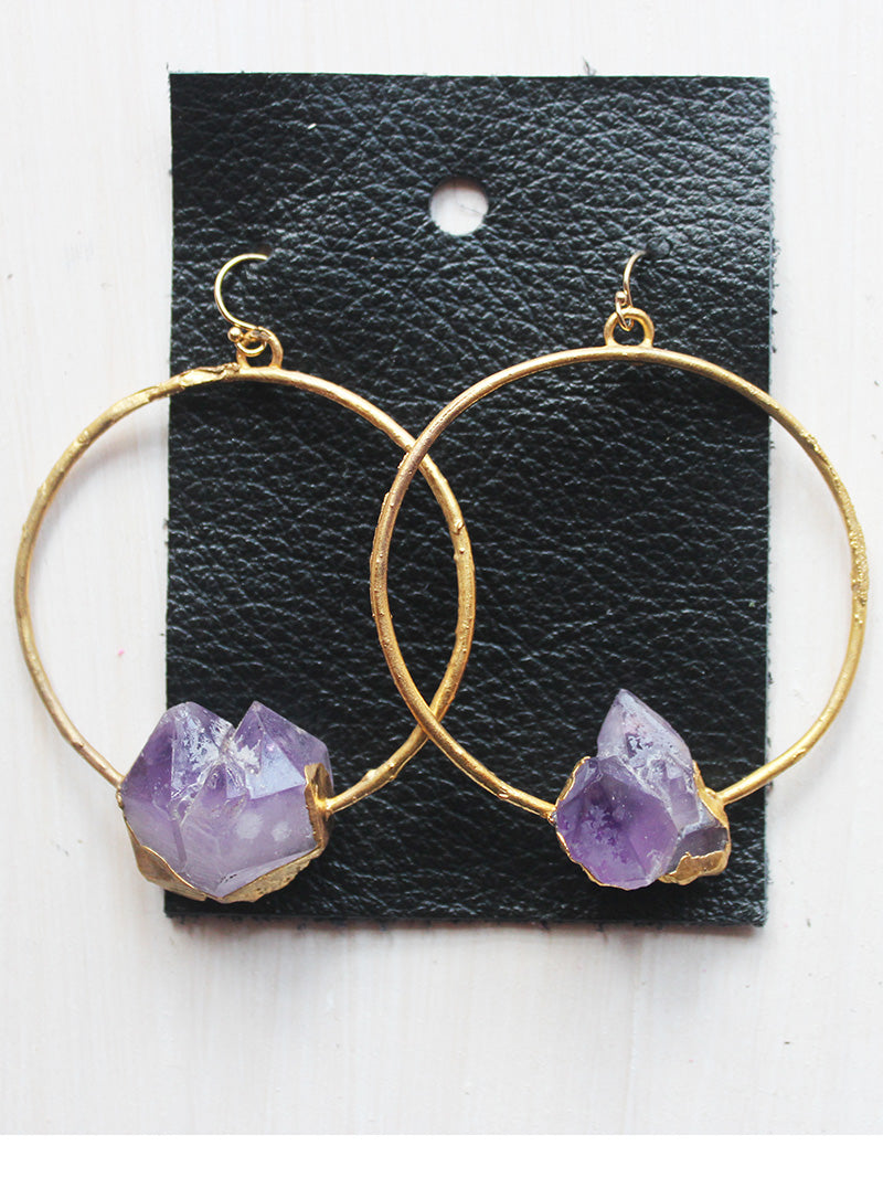 Rustic Gold Plated Amethyst Hoop Earrings- 14k Gold Filled
