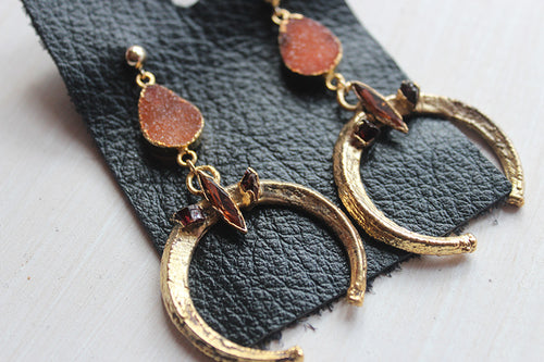 Rustic Gold Druzy Crescent Moon Drop Earrings- 14k Gold Filled