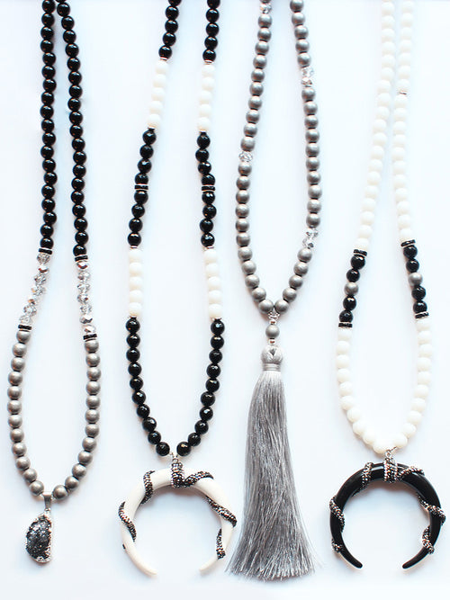 Long Gemstone Beaded Tassel Horn Tusk Pendant Necklace-Black & White - Feelin Peachy