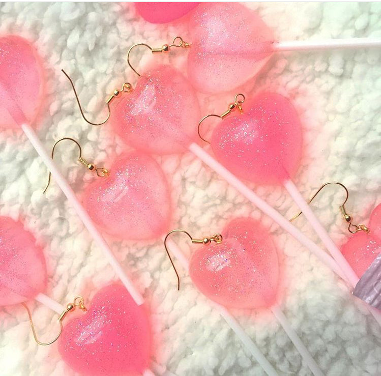 Kawaii Pink Heart Glitter Lollipop Dangle Earrings